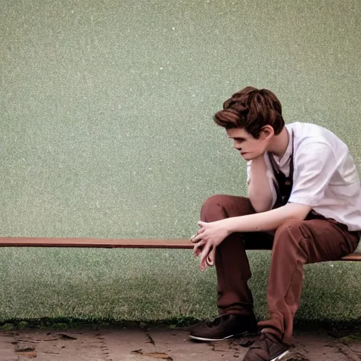 Image similar to photo of sad teenage andrew garfield sitting on a bench in a park, two sticks near bench, wearing shirt and trousers, street of moscow, shallow depth of field, cinematic, 8 0 mm, f 1. 8