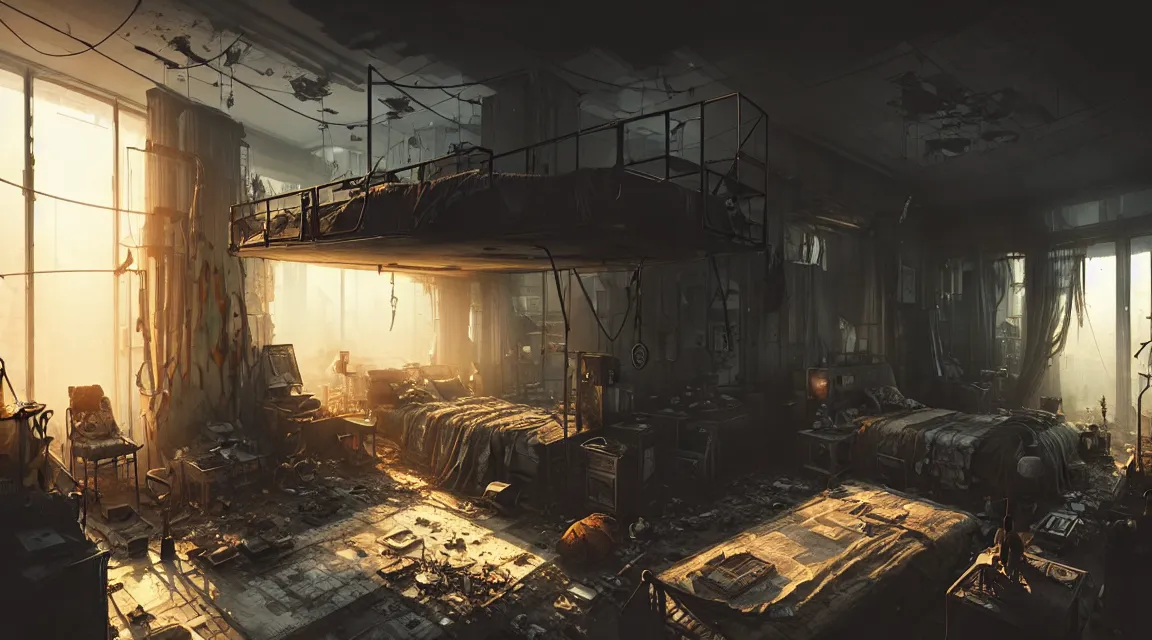 Image similar to post apocalyptic bedroom interior, apartment interior, human silhouettes, furniture, interior decoration, by pascal blanche, neil blevins, trending on artstation, photorealistic, hyper detailed, hyper realistic, cyberpunk