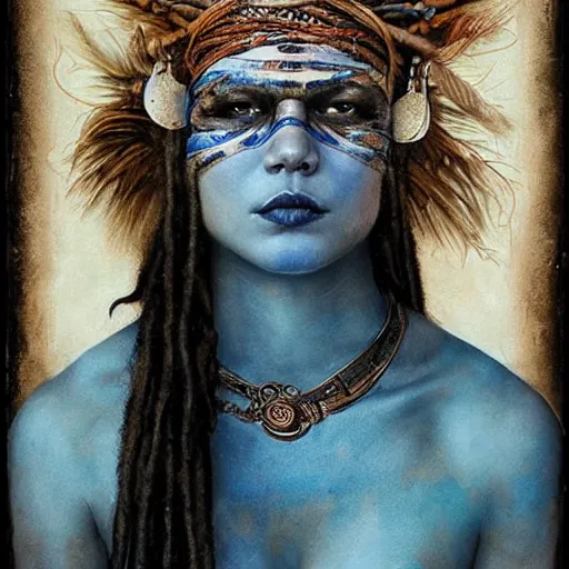 Prompt: A young blindfolded shaman woman with a decorated headband, in the style of heilung, blue hair dreadlocks and wood on her head., made by karol bak