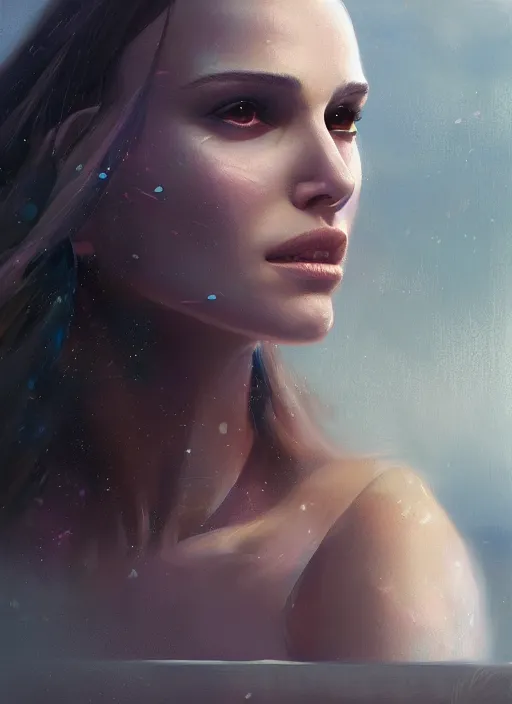 Prompt: natalie portman as a girl sitting on a rooftop, cyberpunk, medium shot, realistic detailed face, by charlie bowater, by wlop, by jeremy lipking, expressive oil painting, portrait, digital art