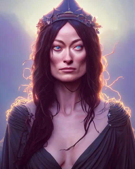 Image similar to highly detailed vfx portrait of olivia wilde as a witch, stephen bliss, unreal engine, greg rutkowski, loish, rhads, beeple, makoto shinkai and lois van baarle, ilya kuvshinov, rossdraws, tom bagshaw, alphonse mucha, global illumination, detailed and intricate environment