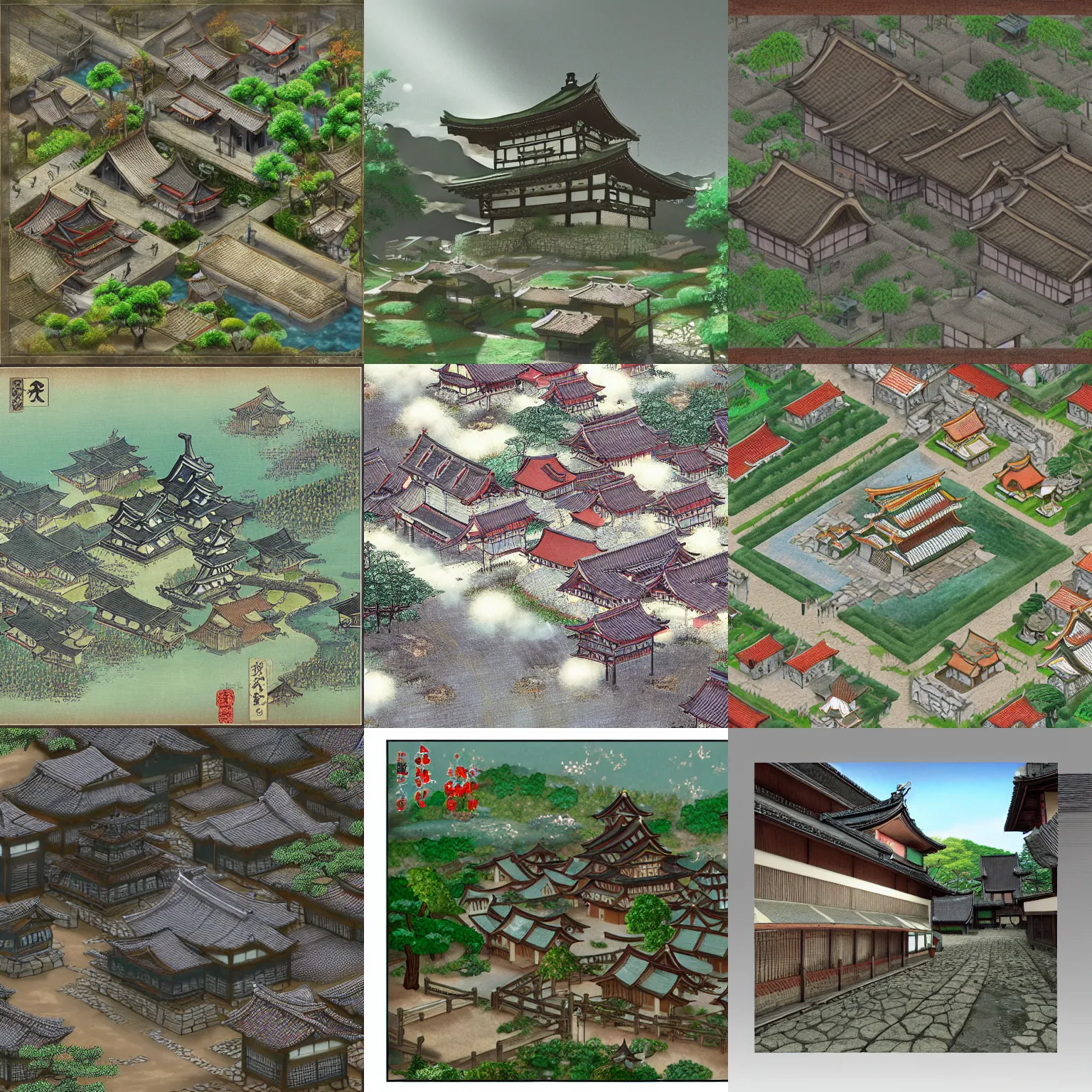 Prompt: A medieval Japanese village populated by Uboa from Yume Niki, mist, PS1 graphics