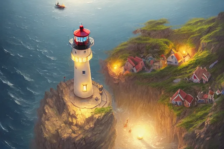 Image similar to Cozy small fantasy village on a cape with a lighthouse, fishing boats, view from above. In style of Greg Rutkowski, Jesper Ejsing, Makoto Shinkai, trending on ArtStation, fantasy, great composition, concept art, highly detailed, scenery, 8K, Behance.