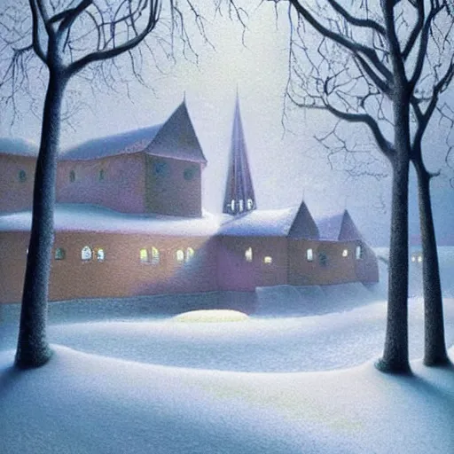 Image similar to scene from a dream. snow. digital artwork by vincent bons, michael whelan, remedios varo and gerardo dottori. grainy and rough. interesting pastel colour palette. beautiful light. oil and water colour based on high quality render.