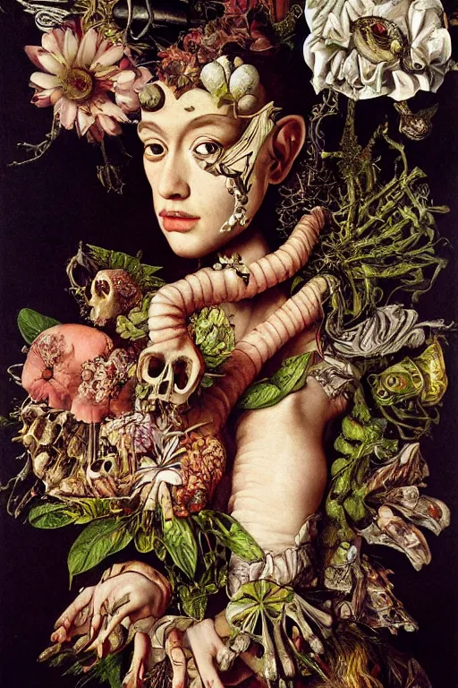 Image similar to Detailed maximalist portrait with large lips and with large, wide eyes, expressive, extra bones and flesh, HD mixed media, 3D collage, highly detailed and intricate, surreal, botany, illustration in the style of Caravaggio, dark art, baroque