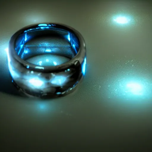 Image similar to a fantasy ring, blue glow, realistic reflections, intricate details, cinematic lighting, depth of field, octane render