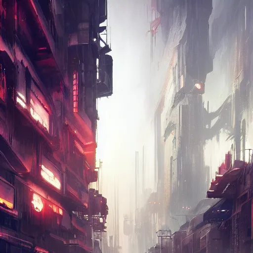 Prompt: Futuristic apocalyptic cyberpunk city by Greg Rutkowski, asymmetrical, realistic painting, dark vibes, nightmare, hard edges, china town, synth wave, trending on the artstation:2 by Greg Rutkowski:4
