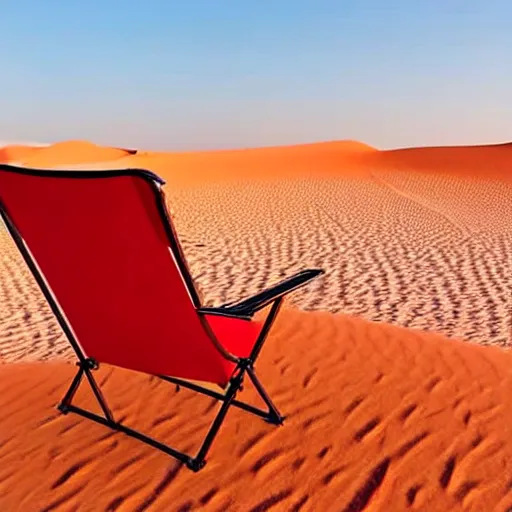 Image similar to a red camping chair in the middle of the sahara desert. the chair is 2 0 feet away from the camera.