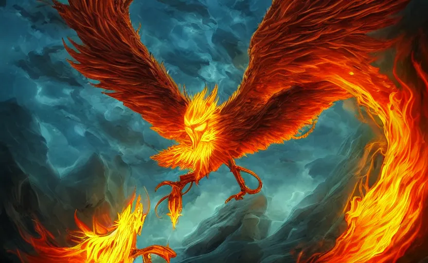 Image similar to wizard summoning the phoenix from hell, digital art style, illustration painting,