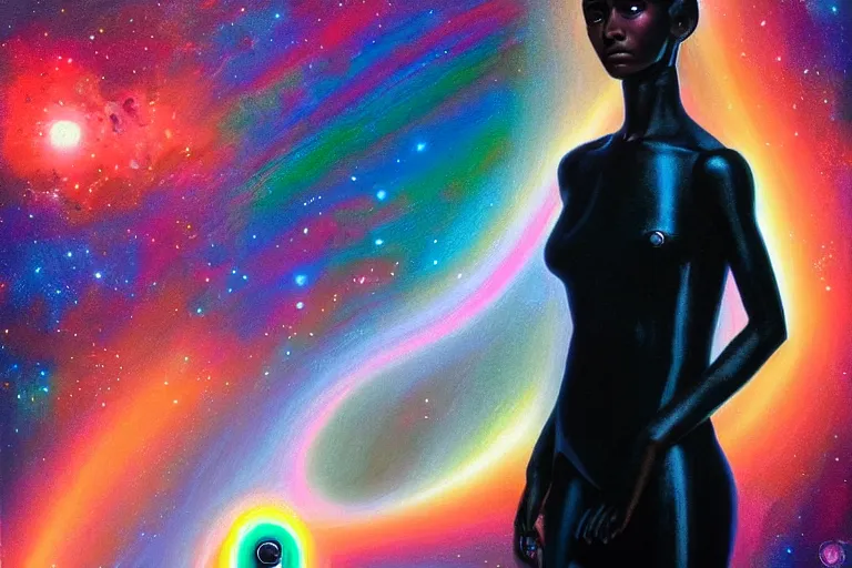 Image similar to patron saint of 🛸🌈👩🏾, futuristic iridescent clothing, wormhole, nebula, black hole, multiverse, neon god of city character portrait, in the style of margaret keane, moebius, tom bagshaw, and waterhouse, cinematic lighting, beautiful, elegant, oil painting,