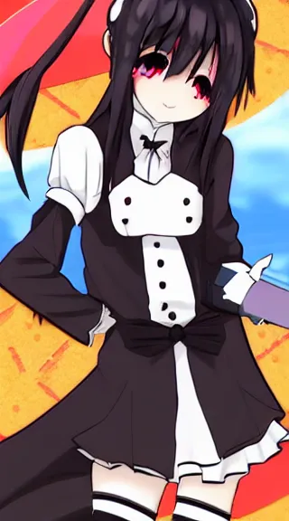 Image similar to Anime Screenshot of a “red-eyed black-haired anime fox girl” wearing black fingerless-gloves, high-waist-black-skirt, white-collared-shirt blue-open-jacket, black-necktie, unsheathing her katana, white background, visual-key, anime illustration, pixiv, anime-twitter