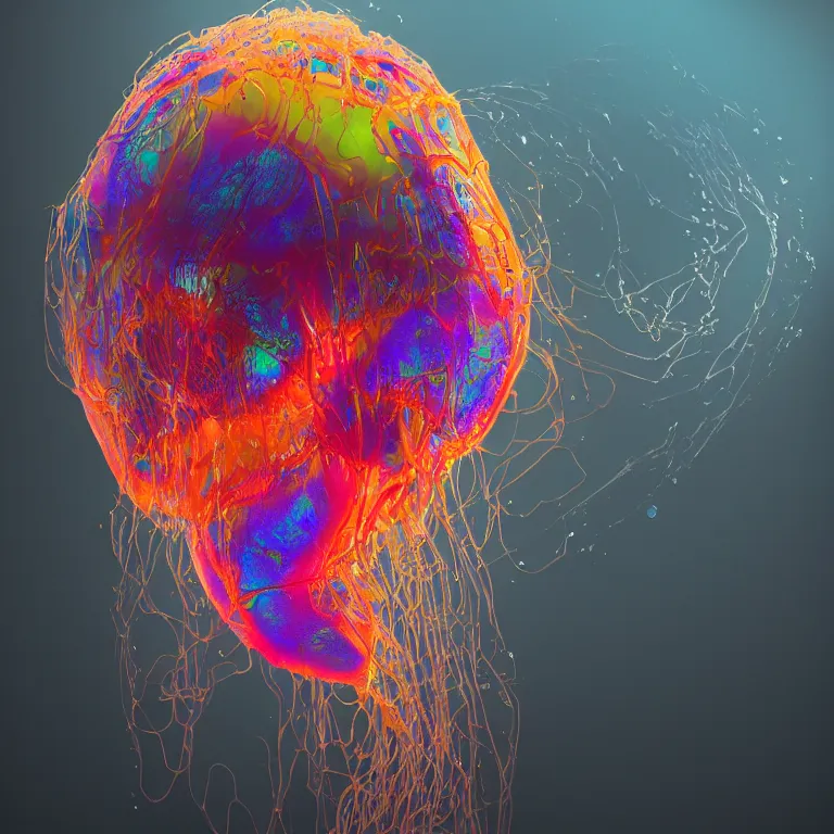 Image similar to octane render portrait by wayne barlow and carlo crivelli and glenn fabry, beautiful hypnotic colorful blobs of paint suspended in oil, strange jellyfish made out of iridescent plastic, backlit, dramatic lighting, fog and mist, cinema 4 d, ray traced lighting, very short depth of field, bokeh