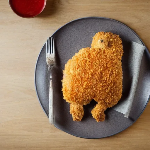 Image similar to standing breaded chicken with a crown of a king in top of it, hyper realistic, 4k