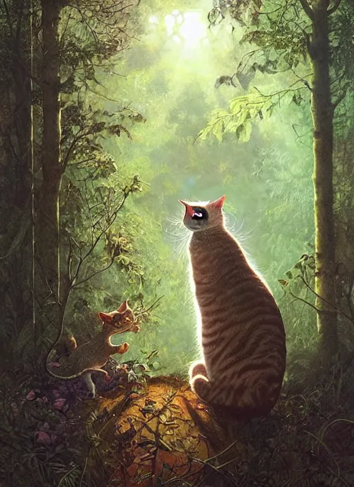 Image similar to a hyper realistic illustrated cat with happy lighting playing in the woods gorgeous lighting, sunbeams blue sky, lush forest foliage painting by chiara bautista and beksinski and norman rockwell and greg rutkowski weta studio, and lucasfilm