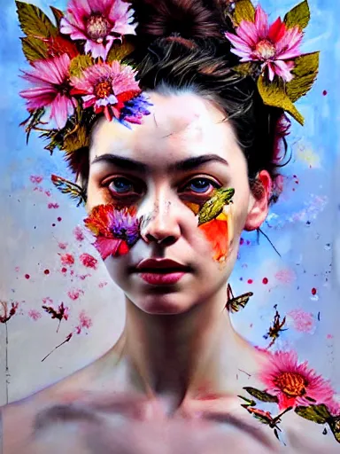 Image similar to portrait of elizabeth bert with a floral background : : painted by artgerm, karol bak, artur bordalo, sandra chevrier : : portrait, character, illustration, hyperrealism, photorealism