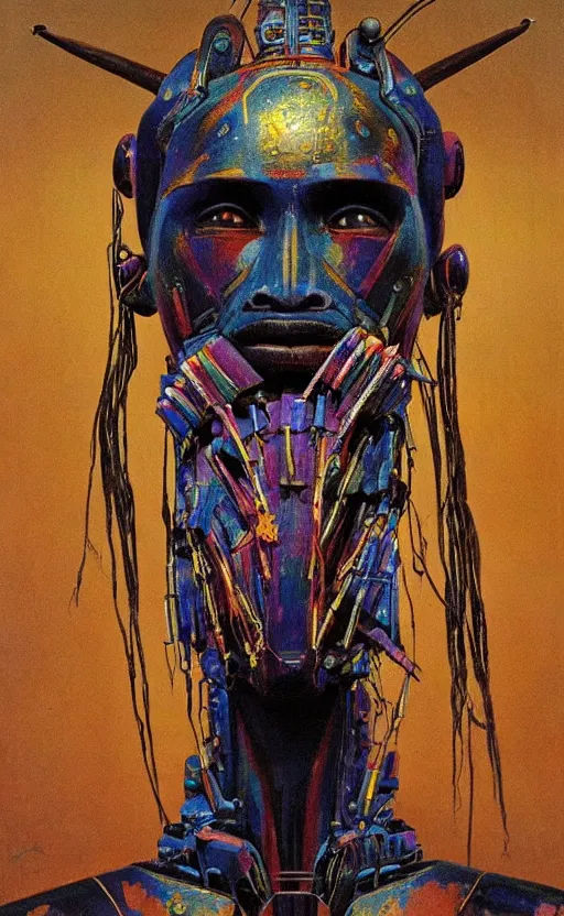 Image similar to portrait of mecha african tribal chief, symmetrical, dramatic lighting, colourful, art by zdzislaw beksinski,