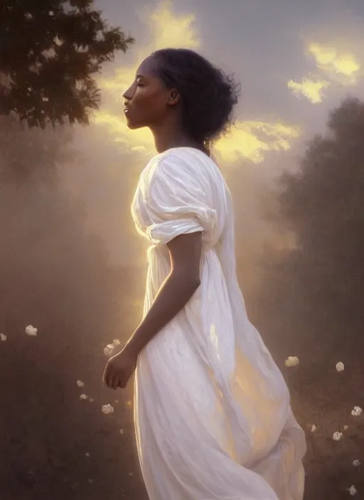 Image similar to oil painting close up portrait of a contemplative young black woman with long dark flowing hair in a white dress, covered in white roses!! at sunset, hazy, digital art, chiaroscuro, artstation, cinematic, golden hour, digital art painting by greg rutkowski, william - adolphe bouguereau, hazy atmosphere, cinematic lighting