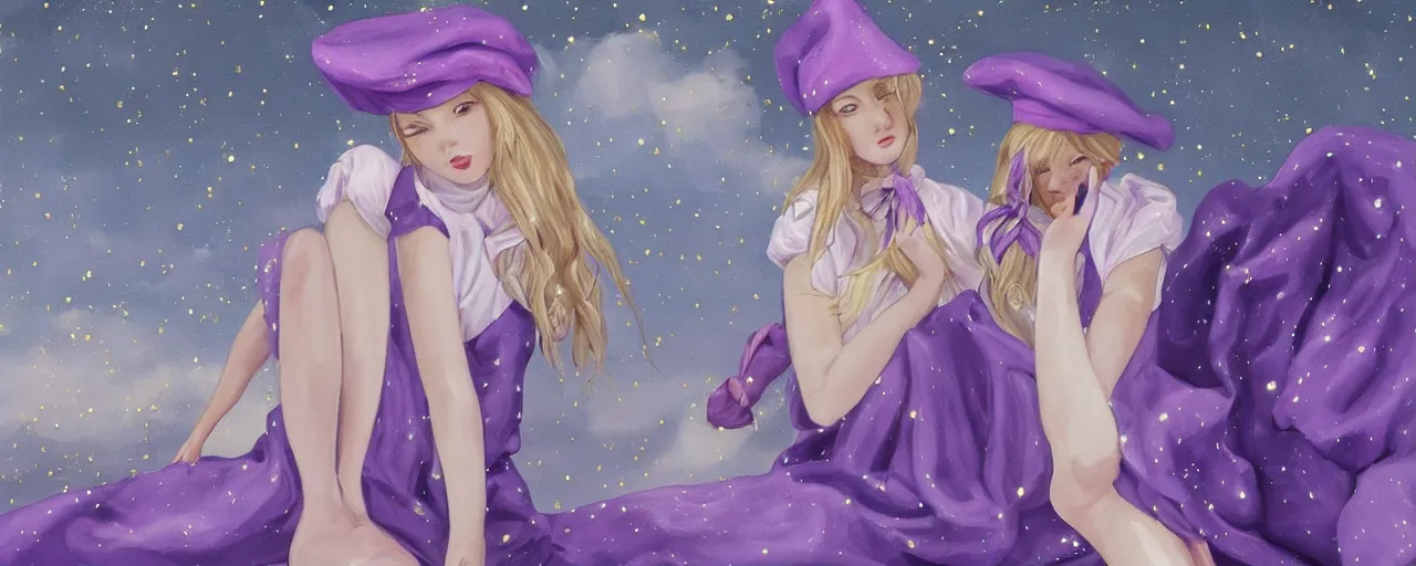 Image similar to A painting of many mysterious girls with short blond hair wearing an oversized purple Beret, Baggy Purple overall shorts, Short Puffy pants made of silk, Baggy pants, fancy dresses, silk shoes, a big billowy scarf, Golden Ribbons, and white leggings Covered in stars. Short Hair. Sunlit. Haute Couture. Dreamlike. Cloudscape. Fantasy Illustration. Art by william-adolphe bouguereau and Alexandre Cabanel and Anna Dittmann and WLOP and Artgerm and Johannes Helgeson. Smooth. Elegant. Highly Detailed. Intricate. 4K. UHD. Denoise.