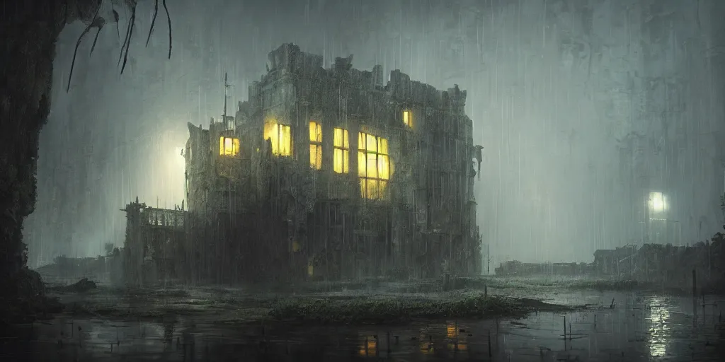 Image similar to beautiful render of abandoned caastle, by lee madgwick and hubert robert, puddles of water, blade runner style, neon glow, vivid color, moody lighting, unreal engine, foggy