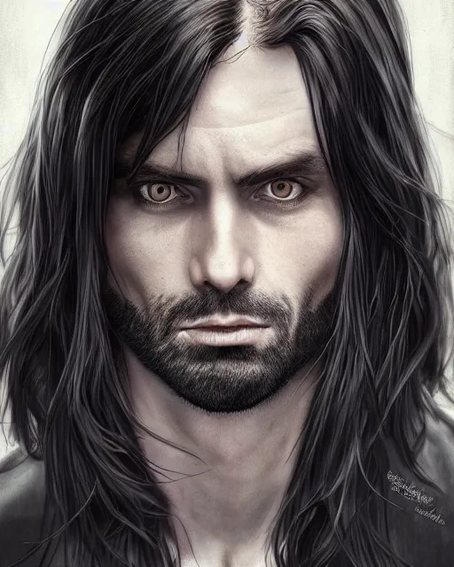 Image similar to portrait of tall, 3 3 - year - old handsome man with long dirty black hair, and ice grey eyes, wearing black clothes, no beard, hyper realistic face, beautiful eyes, character art, art by mark brooks, hyperdetailed, cryengine, trending on artstation, digital art