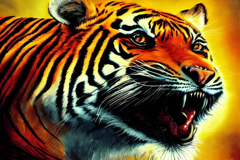 Image similar to An extremely bright studio photograph of a snarling tiger in the style of Salvador Dali, establishing shot, high-quality, professional, dramatic lighting, extremely high detail, trending on artstation