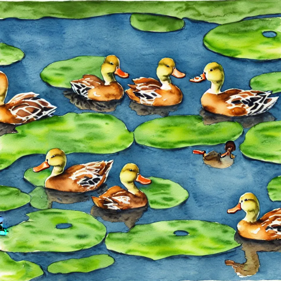 Image similar to watercolor of 3 ducks and 1 frog having a conversation on the side of a pond,