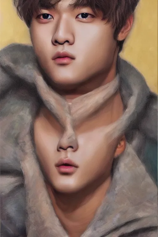 Prompt: realistic oil painting of Kim Taehyung, exquisite detail, hyper realism, ornate, exquisite detail, cute face