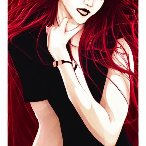 Prompt: girl with red hair. black shirt. back to us. centered median photoshop filter cutout vector behance hd artgerm jesper ejsing!
