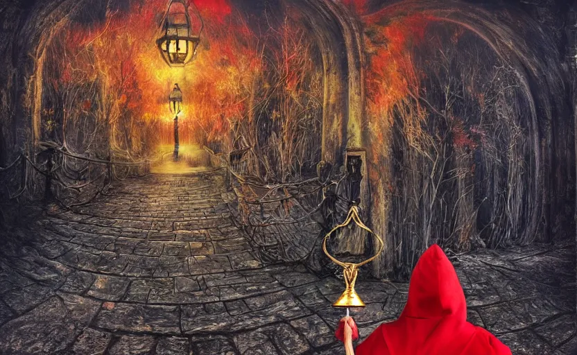 Prompt: red hooded mage holding a golden bell by the gate to the 7 th realm, mindblowing, landscape art, ominous,