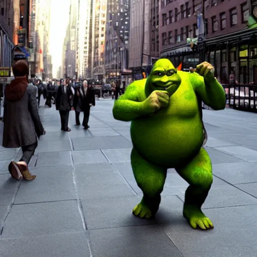 Prompt: shrek walking on new york street wearing a suit , hyperrealistic