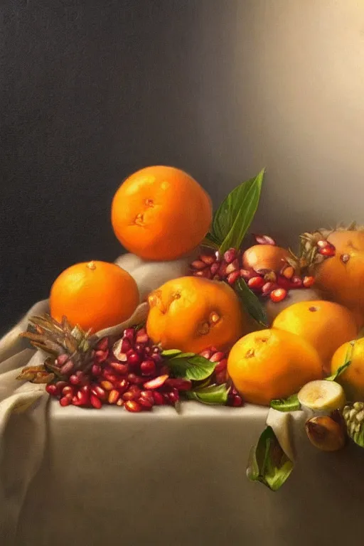 Prompt: A beautiful still life oil painting of Oranges, pineapples, bananas, Pomegranates lying on a silk cloth, fog, volumetric lighting, summer, hyperrealistic, colorful, hyperdetailed.