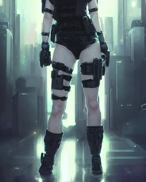 Image similar to anime key visual of a young female swat officer, neon, cyberpunk, futuristic, white top, black vest, stunning, highly detailed, digital painting, artstation, smooth, soft focus, illustration, art by artgerm and greg rutkowski and alphonse mucha