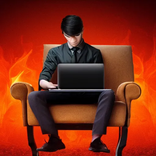 Image similar to a demon programmer gentleman ~ using a laptop ~ lava background ~ sitting on a chair ~, 4 k, ultra hd