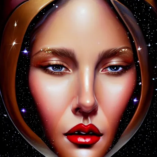 Image similar to a portrait of a very beautiful woman in a spacesuit with a dueling scar, brown eyes, shoulder-length brown hair, deep red lips, glitter, bored, illustration, soft lighting, soft details, painting oil on canvas by mark arian by artgerm, trending on artstation, 4k, 8k, HD