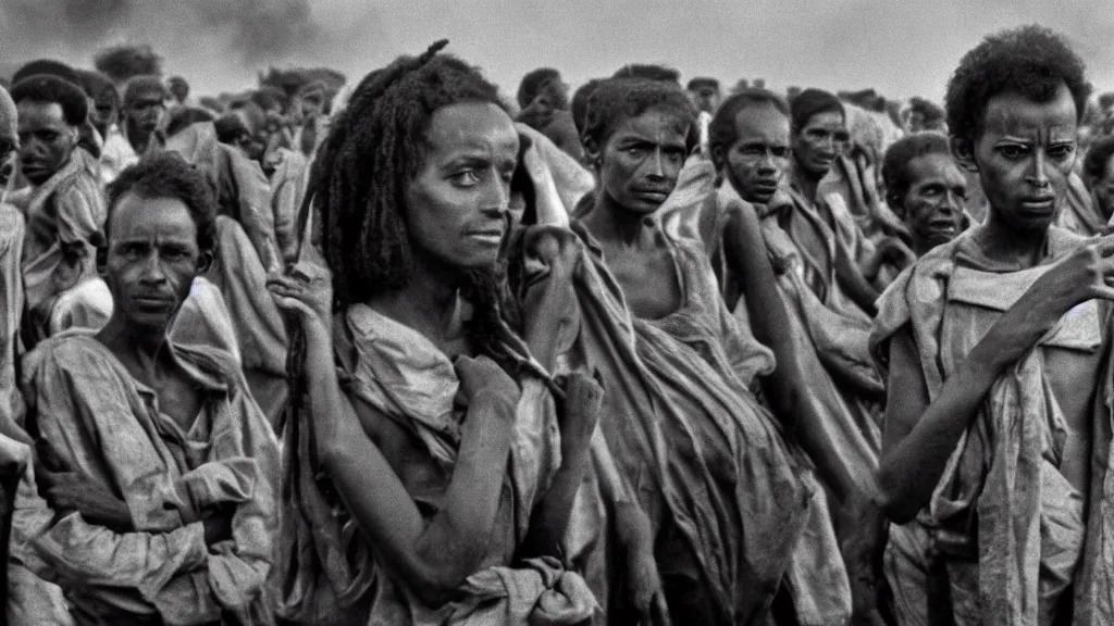 Prompt: 1984 Ethiopian famine, Live Aid, atmospheric, portrait, movie scene, hd, 4k, wide angle