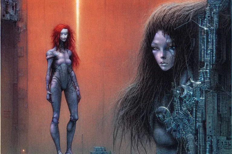 Prompt: cute redhead girl with short hairs in cybercity by luis royo and wayne barlowe, beksinski