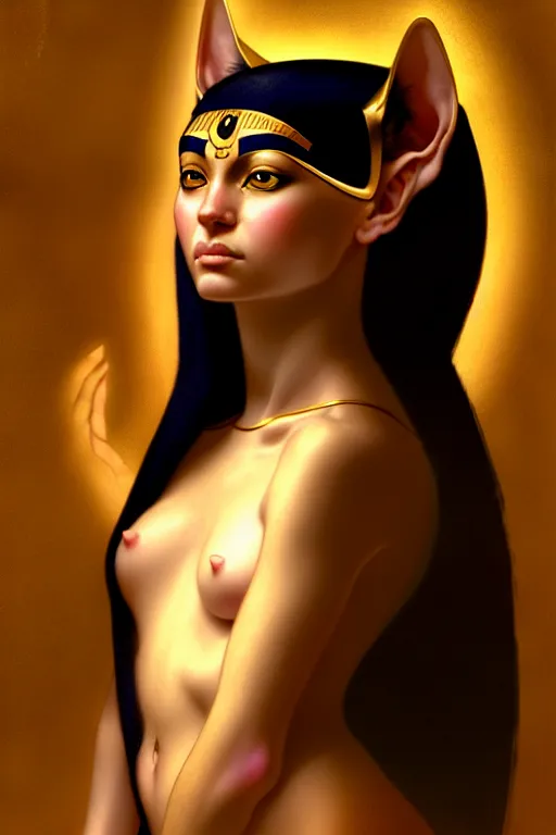 Image similar to portrait of the beautiful egyptian goddess, bastet, bast, woman / cat hybrid, soft torchlight in an egyptian tomb, digital art by ruan jia and mandy jurgens and artgerm and william - adolphe bouguereau, highly detailed, trending on artstation, award winning,