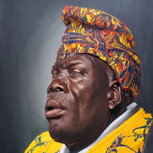 Image similar to a painting of a XXL wise elder from Kenya in a suit by Kehinde Wiley . dramatic angle, ethereal lights, details, smooth, sharp focus, illustration, realistic, cinematic, artstation, award winning, rgb , unreal engine, octane render, cinematic light, macro, depth of field, blur, red light and clouds from the back, highly detailed epic cinematic concept art CG render made in Maya, Blender and Photoshop, octane render, excellent composition, dynamic dramatic cinematic lighting, aesthetic, very inspirational, arthouse.