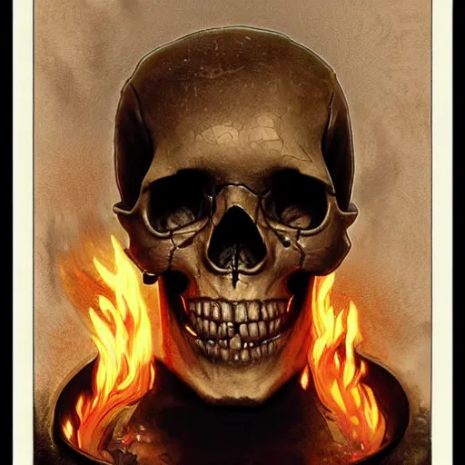 Image similar to human skull on fire, held by the rotten decayed hands of a human, cinematic, by greg rutowski, by greg rutkowski, by stanley artgerm, by alphonse mucha