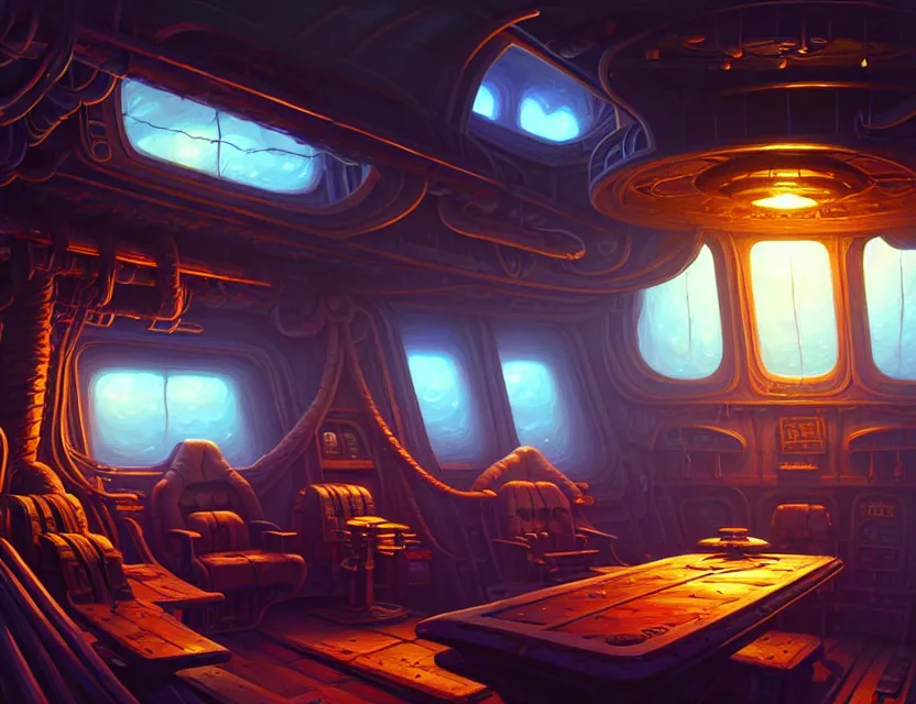 Image similar to interior view in the captain's cabin of a flying ship, d & d spelljammer fantasy art, artstation contest winner, beautiful digital painting in the style of dan mumford, art by kev chan, volumetric lighting, concept art, speedpainting, fantasypunk, deep colors, cgsociety, by gerald brom, by ruan jia, dehazed