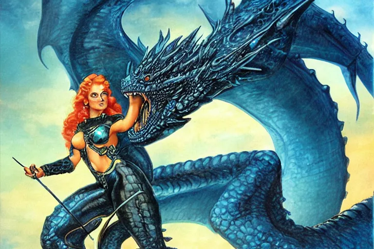 Image similar to epic amazon girl riding a large black dragon spewing blue fire, Boris Vallejo, Julie Bell