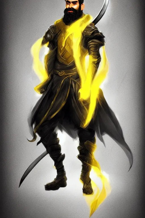 Prompt: Arab man light beard, curly hair, swordsman, modern, hero, yellow and charcoal leather, character concept art, costume design, trending on artstation, Artgerm , WLOP