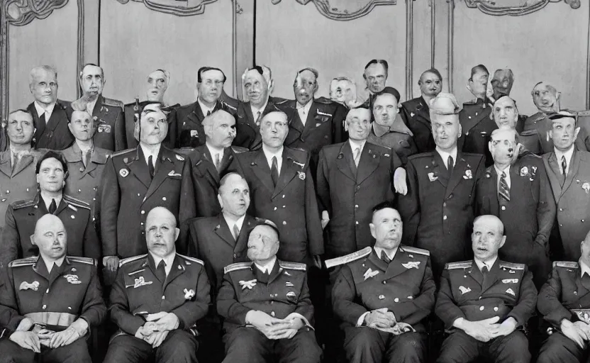 Prompt: 50s movie still of very diverse soviet generals head with very detailed faces in a stalinist parlement, by Alexei Guerman, Cinestill 800t 35mm black and white, heavy grainy picture, very detailed, high quality, 4k, HD criterion, precise texture, diverse faces, diverse haircuts, diverse ages, precise faces