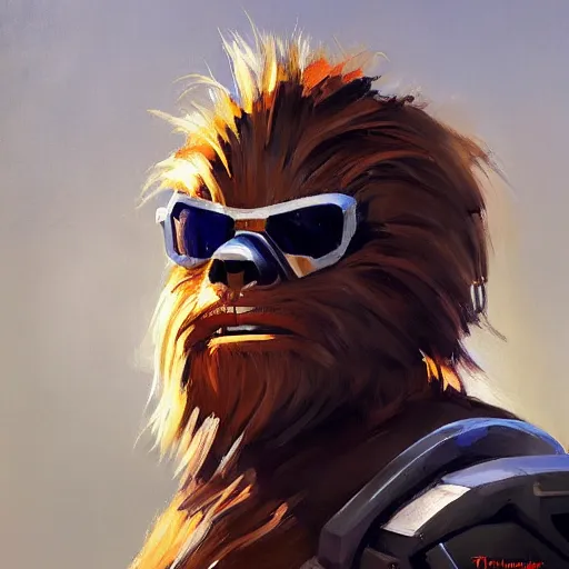 Image similar to greg manchess portrait painting of chewbacca as overwatch character, medium shot, asymmetrical, profile picture, organic painting, sunny day, matte painting, bold shapes, hard edges, street art, trending on artstation, by huang guangjian and gil elvgren and sachin teng