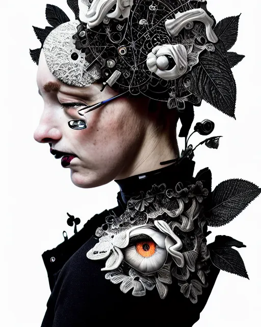 Image similar to masterpiece profile portrait painting, dutch masters, black and white, silver lace floral steampunk biomechanical beautiful one techno eye young female cyborg, big monocular, volumetric light, leaves foliage and stems, hibiscus flowers, by cecile beaton, rim light, big gothic fashion pearl embroidered collar, 8 k