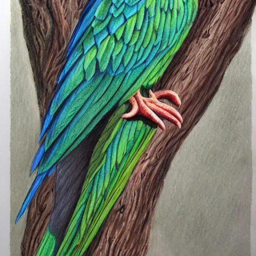 Image similar to a color pencil drawing of a quetzal by natalia rojas and ana maria martinez jaramillo, pastel colors, in the style of wingspan artworks, realistic graphite, high quality, artstation, 4 k, realism, photorealism, extremly fine art