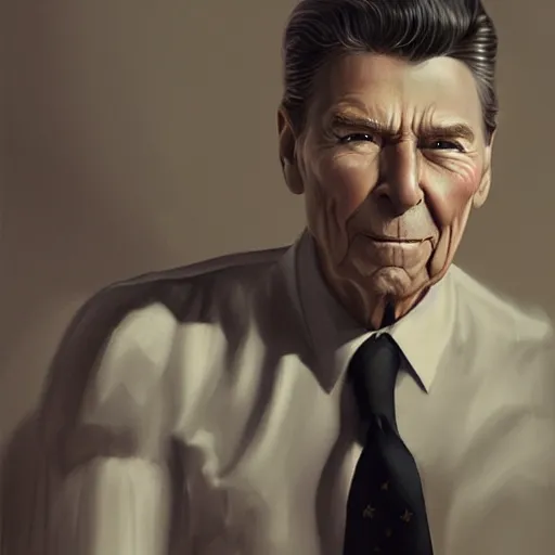 Image similar to gay ronald reagan, smooth, focus, highly detailed, hyper realistic, dramatic lighting, intricate, concept art, art by wlop, mars ravelo