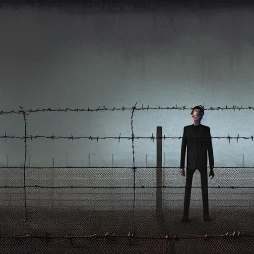 Image similar to a dystopian matte painting of a scared man standing in front of a fence with barbed wire by emiliano ponzi, james gilleard, george ault, david hockney, atey ghailan, albert namatjira, marius borgeaud, minimalist, bauhaus, retrofuturism, concept art, matte background, matte drawing, generative art