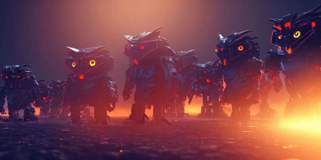 Image similar to an army of evil, malevolent, giant robot mechanical owls surrounded by computers and computer screens. this 4 k hd image is trending on artstation, featured on behance, well - rendered, extra crisp, features intricate detail and the style of unreal engine. volumetric lighting octane render