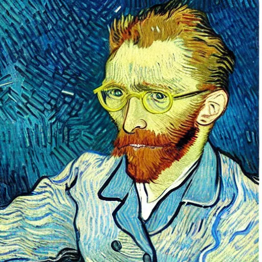 Prompt: a tired male man with glasses in an office in front of a computer silhouette painted by van gogh